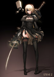 Rule 34 | 1girl, absurdres, android, artist name, black dress, black footwear, black gloves, black hairband, black thighhighs, blindfold, blush, boots, breasts, chain, cleavage, cleavage cutout, closed mouth, clothing cutout, covered eyes, dress, drone, floating, full body, gloves, greatsword, hair over one eye, hairband, high heel boots, high heels, highres, holding, holding sword, holding weapon, huge weapon, juliet sleeves, katana, legs apart, long sleeves, machinery, medium breasts, mole, mole under mouth, nier (series), nier:automata, pink lips, pod (nier:automata), puffy sleeves, robot, shadow, short dress, short hair, silver hair, solo, standing, steve zheng, sword, thigh boots, thighhighs, unsheathed, weapon, weapon on back, 2b (nier:automata)
