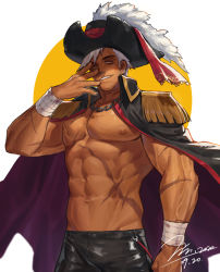 Rule 34 | 1boy, abs, artist name, bandaged arm, bandages, bara, bare pectorals, biceps, blood, breasts, chain, collared jacket, ear piercing, earrings, hand on own face, hat, jacket, jewelry, jin (sirius-j), large breasts, large pectorals, leather, leather pants, long sideburns, male focus, manly, mature male, muscular, muscular male, navel, necklace, nipples, open clothes, open jacket, original, pants, pectorals, piercing, pirate hat, red eyes, scar, scar on arm, scar on face, scar on stomach, shoulder pads, sideburns, smirk, solo, spiked hair, tan, teeth, white hair