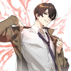 Rule 34 | 1boy, absurdres, adjusting clothes, blue eyes, brown hair, buttons, counter:side, hair between eyes, highres, holding, holding clothes, long sleeves, looking at viewer, loose necktie, na yubin, necktie, shisantian, short hair, solo, white background