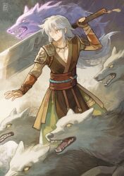 Rule 34 | 1boy, animal, bone necklace, brown gloves, closed mouth, driftwoodwolf, facial scar, genshin impact, gloves, green pants, grey hair, hair between eyes, holding, holding sword, holding weapon, male focus, pants, razor (genshin impact), red eyes, scar, scar on cheek, scar on face, sword, tassel, teeth, weapon, wolf, yellow eyes