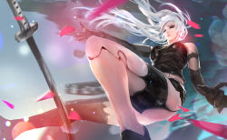 Rule 34 | 1girl, android, bare shoulders, between legs, black gloves, blurry, blurry background, breasts, cglas, elbow gloves, gloves, lips, long hair, looking to the side, medium breasts, mole, mole under mouth, nier (series), nier:automata, solo, sword, torn clothes, weapon, white hair, a2 (nier:automata)