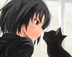 Rule 34 | 1girl, amagami, black eyes, black hair, cat, murasaki iro, nanasaki ai, profile, short hair, solo