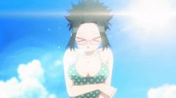 Rule 34 | &gt; &lt;, 1girl, agari himiko, animated, animated gif, bare shoulders, blush, bouncing breasts, breast focus, breasts, cleavage, close-up, cloud, collarbone, glasses, green hair, green one-piece swimsuit, komi-san wa komyushou desu, large breasts, one-piece swimsuit, open mouth, outdoors, polka dot, polka dot swimsuit, short hair, sky, solo, sweat, swimsuit