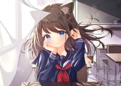 Rule 34 | 1girl, :3, animal ear fluff, animal ears, blue eyes, blue sailor collar, blue shirt, bow, brown bow, brown hair, chair, closed mouth, commentary request, curtains, desk, floating hair, hair bow, hands up, highres, indoors, long hair, long sleeves, looking at viewer, neckerchief, on chair, original, red neckerchief, sailor collar, school chair, school desk, school uniform, serafuku, shirt, sitting, solo, transparent, tsukiman, window