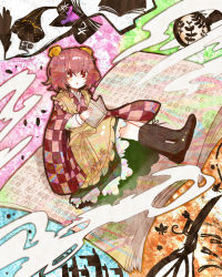 Rule 34 | 1girl, apron, bad id, bad pixiv id, bell, book, boots, checkered clothes, checkered kimono, clothes writing, cross-laced footwear, female focus, hair bell, hair ornament, holding, itomugi-kun, japanese clothes, kimono, lace-up boots, long sleeves, motoori kosuzu, open mouth, phonograph, pink hair, red eyes, skirt, solo, touhou, twintails, two side up, wide sleeves
