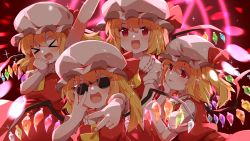 Rule 34 | &gt; &lt;, 4girls, absurdres, arm up, ascot, blonde hair, blush, breasts, brown background, closed eyes, closed mouth, collared shirt, commentary request, crystal, danmaku, double v, dress, eyes visible through hair, fang, fangs, flandre scarlet, four of a kind (touhou), glasses, grey headwear, grey shirt, hair between eyes, hand on own face, hands up, hat, hat ribbon, highres, jewelry, looking at viewer, looking to the side, medium breasts, mob cap, multicolored wings, multiple girls, nagai riku, one side up, open mouth, puffy short sleeves, puffy sleeves, red dress, red eyes, red ribbon, red theme, ribbon, shirt, short hair, short sleeves, smile, sparkle, star (symbol), sunglasses, tongue, tongue out, touhou, v, wings, yellow ascot