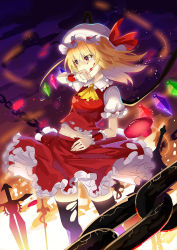 Rule 34 | ascot, blonde hair, blood, blood on face, chain, circle skirt, crystal, falken (yutozin), flandre scarlet, hat, hat ribbon, highres, mob cap, puffy short sleeves, puffy sleeves, red eyes, red ribbon, red skirt, red wrist cuffs, ribbon, short sleeves, side ponytail, skirt, skirt set, sword, torn clothes, touhou, weapon, white hat, wings, wiping mouth, wrist cuffs