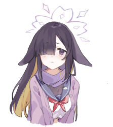 Rule 34 | 1girl, :&lt;, animal ears, ao (mintz), black hair, blonde hair, blue archive, blue sailor collar, cardigan, cleavage, closed mouth, colored inner hair, crop top, hair over one eye, halo, highres, long hair, looking at viewer, lop rabbit ears, multicolored hair, neckerchief, open cardigan, open clothes, purple cardigan, purple eyes, purple scarf, rabbit ears, red neckerchief, sailor collar, scarf, school uniform, see-through, see-through cleavage, serafuku, simple background, solo, tsukuyo (blue archive), upper body, white background, white serafuku