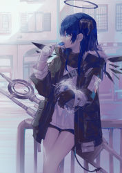 Rule 34 | 1girl, absurdres, arknights, asymmetrical gloves, aura, black coat, black gloves, black shorts, blue eyes, blue hair, candy, coat, demon tail, food, gloves, hair between eyes, highres, holding, horns, lollipop, long hair, long sleeves, miike (992058), mostima (arknights), open clothes, open coat, outdoors, shiny skin, short shorts, shorts, solo, standing, tail, thigh gap, white gloves