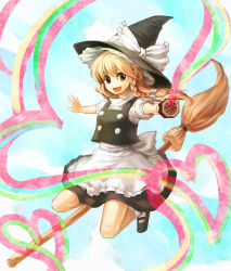 Rule 34 | 1girl, bad id, bad pixiv id, blonde hair, braid, broom, broom riding, buttons, dress, fang, female focus, full body, hair ribbon, hat, heart, kirisame marisa, mary janes, mini-hakkero, open mouth, outdoors, outstretched arms, ribbon, shoes, short hair, sigina, sky, smile, socks, solo, spread arms, touhou, witch, witch hat, yellow eyes