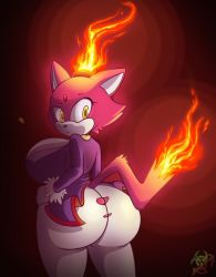 Rule 34 | 1girl, alternate form, ass, blaze the cat, breasts, burning blaze, coat, fire, from behind, gloves, huge ass, huge breasts, looking back, looking down, pants, parted lips, ponytail, roga141, shiny clothes, sideboob, skin tight, skindentation, solo, sonic (series), tail, yellow eyes
