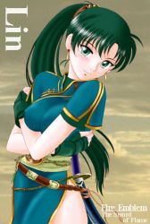 Rule 34 | 1girl, breasts, character name, copyright name, covered erect nipples, fire emblem, fire emblem: the blazing blade, gloves, green eyes, green hair, hissaa (starlight express), jewelry, katana, large breasts, long hair, lyn (fire emblem), matching hair/eyes, nintendo, ponytail, side slit, solo, sword, weapon