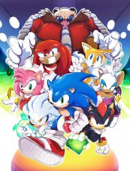 Rule 34 | 2girls, 6+boys, absurdres, amy rose, animal ears, animal nose, bald, bat ears, bat wings, black fur, blue eyes, blue eyeshadow, blue fur, boxing gloves, breasts, chaos emerald, cleavage, clenched teeth, dr. eggman, dreadlocks, echidna, eyeshadow, facial hair, fox, fox ears, fox tail, frown, gem, glasses, gloves, gold bracelet, green eyes, green gemstone, grey fur, hedgehog, hedgehog ears, hedgehog tail, highres, knuckles the echidna, large breasts, makeup, medium breasts, multicolored fur, multiple boys, multiple girls, multiple tails, open mouth, pink fur, purple eyes, red eyes, red fur, rouge the bat, saturnserkal, shadow the hedgehog, shoes, silver the hedgehog, smile, smirk, sneakers, snout, sonic (series), sonic the hedgehog, sonic the hedgehog (2006), spiked gloves, tail, tails (sonic), teeth, two tails, upper teeth only, white fur, white gloves, wings, yellow eyes, yellow fur