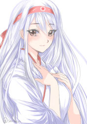 Rule 34 | 10s, 1girl, blush, hairband, japanese clothes, kantai collection, long hair, looking at viewer, red eyes, sensen, shoukaku (kancolle), simple background, solo, white hair