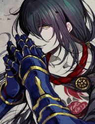Rule 34 | 1boy, armor, black hair, blue armor, closed mouth, commentary request, fate (series), gauntlets, hair between eyes, long hair, looking at viewer, male focus, portrait, smile, solo, steepled fingers, tokio (okt0w0), yan qing (fate), yellow eyes