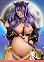 Rule 34 | 1girl, artist logo, artist name, axe, black panties, breasts, breasts out, camilla (fire emblem), deviantart username, female focus, fire emblem, hair over one eye, highres, holding, holding axe, holding weapon, large breasts, long hair, looking at viewer, matching hair/eyes, navel, nintendo, nipples, panties, patreon username, pregnant, purple eyes, purple hair, smile, solo, underwear, vambraces, watermark, weapon, web address