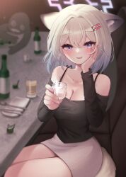Rule 34 | 1girl, 1other, absurdres, alcohol, alternate costume, animal ears, bar (place), beer, black shirt, blue archive, blush, breasts, cleavage, collarbone, commentary request, drunk, green hair, hair ornament, hairclip, halo, hand on own cheek, hand on own face, highres, iyusei 02, looking at viewer, medium breasts, miniskirt, narrowed eyes, off-shoulder shirt, off shoulder, open mouth, purple eyes, shigure (blue archive), shirt, sitting, skirt, smile, solo focus, squeans, tail, thighs, weasel ears, weasel girl, weasel tail, white skirt