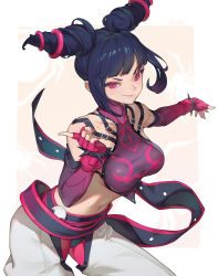 Rule 34 | 1girl, artist request, baggy pants, blunt bangs, bracelet, breasts, collarbone, drill hair, gloves, han juri, highres, jewelry, looking at viewer, navel, pants, pantyhose, simple background, smile, solo, spiked bracelet, spikes, street fighter, street fighter iv (series), white background