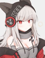 Rule 34 | 1girl, arknights, blush, breasts, cleavage, closed mouth, ears through headwear, expressionless, frostleaf (arknights), grey hair, highres, implied extra ears, long hair, looking at viewer, material growth, medium breasts, oripathy lesion (arknights), red eyes, risshu, simple background, solo, swept bangs, upper body, white background