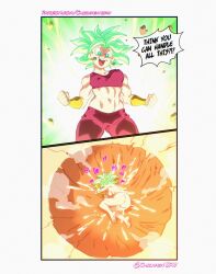 1girl after_anal after_vaginal aftersex before_and_after breasts bukkake chickpea clothes cum cum_in_ass cum_in_pussy cum_on_body cum_on_breasts cum_on_legs cum_on_upper_body dragon_ball dragon_ball_super earrings english_text female_focus green_hair heart highres jewelry kefla_(dragon_ball) legendary_super_saiyan looking_at_viewer lying muscular muscular_female open_mouth piercing potara_earrings saiyan solo speech_bubble super_saiyan