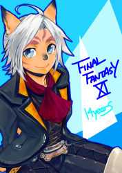 Rule 34 | 00s, 1girl, animal ears, anniversary, blue eyes, cat ears, coat, copyright name, doraeshi, facial mark, final fantasy, final fantasy xi, highres, looking at viewer, mithra (ff11), neckerchief, short hair, smile, solo, thighhighs, white hair