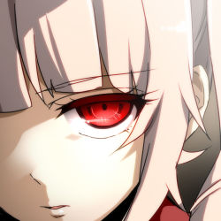 Rule 34 | 1girl, bad id, bad pixiv id, blunt bangs, character request, close-up, expressionless, eyeball, ichinose yukino, lips, looking at viewer, lowres, open mouth, parted lips, profile, red eyes, solo, tsurime, white hair