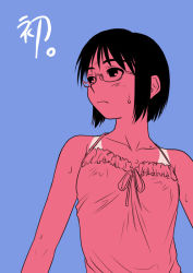 Rule 34 | 1girl, blue background, flat chest, glasses, monochrome, original, pink theme, sakaki imasato, short hair, solo, sweat, tan, tank top, tanline