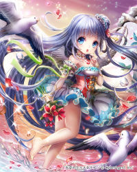 Rule 34 | 1girl, bare legs, bare shoulders, barefoot, bird, blush, bouquet, breasts, flower, hair ornament, hobak, long hair, open mouth, original, petals, skirt, small breasts, solo, tenkuu no crystalia, very long hair, wading, water, wings