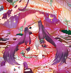 Rule 34 | 1girl, album cover, bandages, book, bow, cover, crescent, crescent moon, embellished costume, eyepatch, female focus, frills, gathers, hair bow, ichihaya, long hair, moon, patchouli knowledge, sitting, solo, too many, touhou