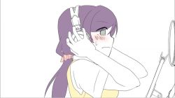 Rule 34 | 10s, 1girl, blush, embarrassed, female focus, frown, hand on headphones, headphones, left-to-right manga, long hair, love live!, love live! school idol project, o o, purple hair, school uniform, scrunchie, short sleeves, simple background, solo, sosa, spot color, sweatdrop, sweater vest, tojo nozomi, white background