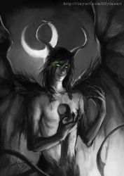 Rule 34 | 1boy, arrancar, bad deviantart id, bad id, bat wings, black hair, black theme, bleach, claws, colored sclera, colored skin, crescent moon, demon wings, expressionless, facial mark, fur, green eyes, green sclera, horns, long hair, male focus, moon, number tattoo, pseudolirium, resurreccion, slit pupils, solo, tail, tattoo, topless male, ulquiorra cifer, white skin, wings