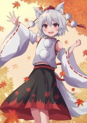 Rule 34 | 1girl, :d, absurdres, animal ear fluff, animal ears, autumn leaves, black skirt, grey hair, hat, high meron, highres, inubashiri momiji, leaf, looking at viewer, maple leaf, open mouth, outdoors, pom pom (clothes), red eyes, red hat, red skirt, ribbon-trimmed sleeves, ribbon trim, shirt, short hair, skirt, smile, solo, tail, tokin hat, touhou, white shirt, wide sleeves, wolf ears, wolf girl, wolf tail