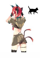 Rule 34 | 1girl, animal ears, ass, black bow, black cat, black gloves, black panties, black thighhighs, bow, braid, breasts, brown shirt, brown skirt, cat, cat ears, cat tail, commentary request, crop top, cropped legs, earrings, from behind, gloves, hair bow, hands up, highres, jewelry, kaenbyou rin, looking at viewer, looking back, medium breasts, midriff, miniskirt, multiple tails, panties, panty peek, pleated skirt, pointy ears, profile, puffy short sleeves, puffy sleeves, red eyes, red hair, shirt, short sleeves, sidelocks, simple background, skirt, skull earrings, solo, standing, tail, tetsurou (fe+), thigh strap, thighhighs, thighs, tongue, tongue out, touhou, two tails, underboob, underwear, white background