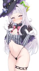 Rule 34 | 1girl, black capelet, black panties, blush, breasts, capelet, cleavage, closed mouth, cocozasa, cowboy shot, crop top, frown, gloves, grey hair, hair bun, hair ornament, hands up, hat, highres, hololive, long hair, long sleeves, looking at viewer, murasaki shion, murasaki shion (1st costume), navel, panties, shirt, simple background, small breasts, solo, standing, stomach, striped clothes, striped shirt, thigh strap, underwear, v-shaped eyebrows, vertical-striped clothes, vertical-striped shirt, very long hair, virtual youtuber, white background, witch hat