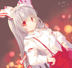 Rule 34 | 1girl, bad id, bad pixiv id, bow, fujiwara no mokou, gradient background, hair bow, hands on own hips, lowres, pf, raised eyebrow, red eyes, solo, suspenders, touhou, white hair