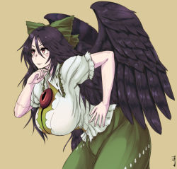 Rule 34 | 1girl, black hair, blouse, bow, breasts, curvy, from side, green skirt, hair bow, hand on own hip, hanemikakko, huge breasts, leaning forward, long hair, puffy short sleeves, puffy sleeves, red eyes, reiuji utsuho, shirt, short sleeves, skirt, solo, touhou, white shirt, wings