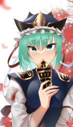 Rule 34 | 1girl, absurdres, blurry, blurry foreground, bright pupils, epaulettes, flower, frilled hat, frills, green eyes, green hair, hat, highres, holding, long sleeves, looking at viewer, perfellcsaiko, rod of remorse, shiki eiki, short hair, solo, spider lily, touhou, upper body, white background, white pupils
