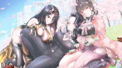 Rule 34 | 3girls, absurdres, black dress, black hair, breasts, cherry blossoms, china dress, chinese clothes, chinese knot, colored inner hair, dress, earrings, floral print, goddess of victory: nikke, highres, hip vent, jewelry, large breasts, long hair, long sleeves, moran (nikke), multicolored hair, multiple girls, mumu (mumumux2), outdoors, red eyes, red hair, tassel, tassel earrings, two-tone dress, yellow dress