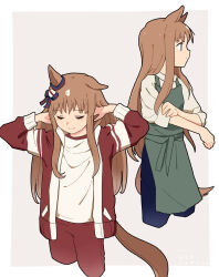 Rule 34 | 1girl, absurdres, animal ears, apron, blue pants, brown hair, closed mouth, cropped legs, grass wonder (umamusume), hand in own hair, highres, horse ears, horse girl, horse tail, jacket, looking afar, multiple views, open clothes, open jacket, pants, red jacket, red pants, shirt, simple background, sleeves pushed up, smile, tail, tracen training uniform, umamusume, white background, white shirt, yano (edbr1022)