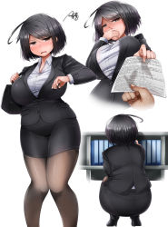 Rule 34 | 1girl, ahoge, bag, black footwear, black hair, blouse, blush, bookshelf, breasts, brown eyes, covering own mouth, facing away, formal, frown, handbag, knees together feet apart, large breasts, looking at viewer, mtd (matidappp), multiple views, office lady, open mouth, original, pantyhose, pantylines, paper, pencil skirt, shirt, short hair, skirt, skirt suit, squatting, suit, swept bangs, white background, white shirt