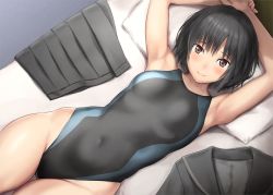 Rule 34 | 1girl, amagami, bed, black eyes, black hair, black sailor collar, black one-piece swimsuit, bob cut, breasts, unworn clothes, commentary request, competition swimsuit, covered navel, cowboy shot, grey skirt, kibito high school uniform, lying, nanasaki ai, one-piece swimsuit, pleated skirt, sailor collar, school uniform, serizawa (serizawaroom), unworn shirt, skirt, unworn skirt, small breasts, solo, swimsuit, thigh gap, two-tone swimsuit