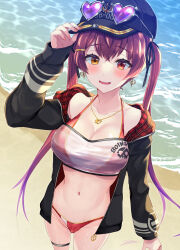 Rule 34 | 1girl, baseball cap, beach, bikini, cheri shi, collarbone, eyewear on head, hat, heterochromia, highres, holding, holding clothes, holding hat, hololive, houshou marine, houshou marine (summer), jacket, jewelry, long hair, long sleeves, looking at viewer, navel, necklace, ocean, official alternate costume, open mouth, orange eyes, red eyes, red hair, sand, smile, solo, standing, sunglasses, swimsuit, thigh strap, twintails, virtual youtuber
