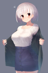 Rule 34 | 1girl, bad id, bad pixiv id, blue skirt, blush, breasts, closed mouth, collarbone, cowboy shot, curvy, grey background, high-waist skirt, highres, jacket, kumashou (nabeyama kaidou), large breasts, looking at viewer, open clothes, open jacket, original, red eyes, shirt, short hair, silver hair, skirt, smile, solo, white shirt