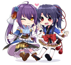 Rule 34 | 2girls, :3, ahoge, animal print, ankle boots, arm at side, blue hair, blue kimono, boots, finger to cheek, fish print, frilled skirt, frilled socks, frills, full body, hachisuka kotetsu (tenka hyakken), hair ornament, heart, highres, japanese clothes, kimono, lime print, long skirt, long sleeves, midair, multiple girls, obi bow, one eye closed, open mouth, orange-bird, ponytail, purple eyes, purple hair, shadow, sidelocks, skirt, smile, socks, tassel, teeth, tenka hyakken, thighhighs, twintails, upper teeth only, urashima kotetsu (tenka hyakken), v, veil, white background, wide sleeves, yellow eyes