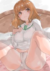 Rule 34 | 10s, 1girl, absurdres, blouse, blunt bangs, blurry, blurry background, blush, breasts, clenched hand, closed mouth, commentary, frown, girls und panzer, groin, hand on own chest, highres, leaning back, long hair, long sleeves, looking at viewer, medium breasts, no neckwear, no pants, on bed, ooarai school uniform, orange eyes, orange hair, panties, pussy, school uniform, serafuku, shignonpencil, shirt, sitting, spread legs, takebe saori, underwear, white panties, white shirt