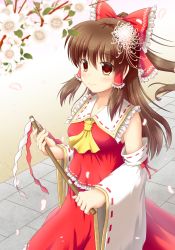 Rule 34 | 1girl, ascot, blurry, blush, bow, branch, breasts, brown hair, cherry blossoms, depth of field, detached sleeves, flower, glowing, glowing petals, gohei, hair bow, hair flower, hair ornament, hair tubes, hakurei reimu, highres, leaf, looking at viewer, path, petals, ponytail, red eyes, road, sideways glance, skirt, skirt set, smile, solo, touhou, yuu hitoshi