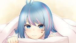 Rule 34 | 1girl, angon623, azura cecillia, blue eyes, blue hair, braid, clenched hands, facial tattoo, highres, light blush, looking at viewer, lying, multicolored hair, nijisanji, nijisanji id, on stomach, pillow, pink hair, shirt, side braid, solo, streaked hair, tattoo, under covers, virtual youtuber, white shirt, worried
