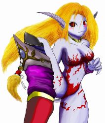 Rule 34 | 1girl, alternate costume, animal ears, bad id, bad pixiv id, blonde hair, bodypaint, breasts, breath of fire, breath of fire ii, capcom, furry, furry female, knee up, long hair, no panties, no pants, nude, pointy ears, red eyes, rinpoo chuan, solo, striped, tail, white background, yoroi nau