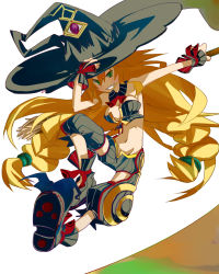 Rule 34 | 1girl, blonde hair, boots, braid, breasts, broom, full body, green eyes, groin, hair ornament, hat, iwaserie, majo to hyakkihei, medium breasts, metallica (majo to hyakkihei), midriff, navel, nippon ichi, ribbon, simple background, solo, twin braids, witch, witch hat, wristband