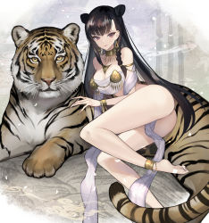 Rule 34 | 1girl, black hair, breasts, closed mouth, cone hair bun, earrings, hair bun, highres, hitowa, jewelry, long hair, looking at viewer, lying, medium breasts, on side, original, red eyes, redrawn, revealing clothes, sidelocks, smile, solo, tiger